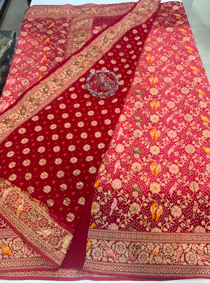 Pure Kaddi Georgette Zari Weaving Saree in Tomato Red with Buti and Cross-Zari Pattern – Traditional Banarasi-Inspired Festive Saree for Women