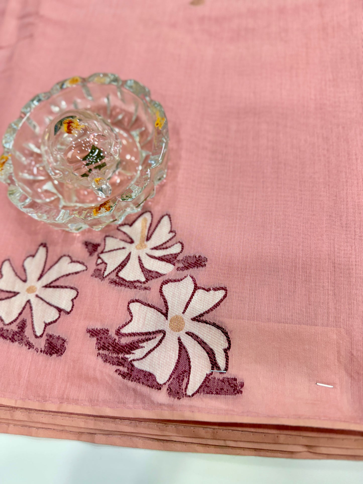 Pink kora silk style viscose saree with woven motifs and embroidered unstitched blouse fabric for festive wear