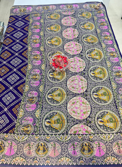 Pure Kaddi Georgette Zari Weaving Saree in Royal Blue with Bandhej-Inspired Checked Pattern and Traditional Border – Festive & Wedding Wear for Women