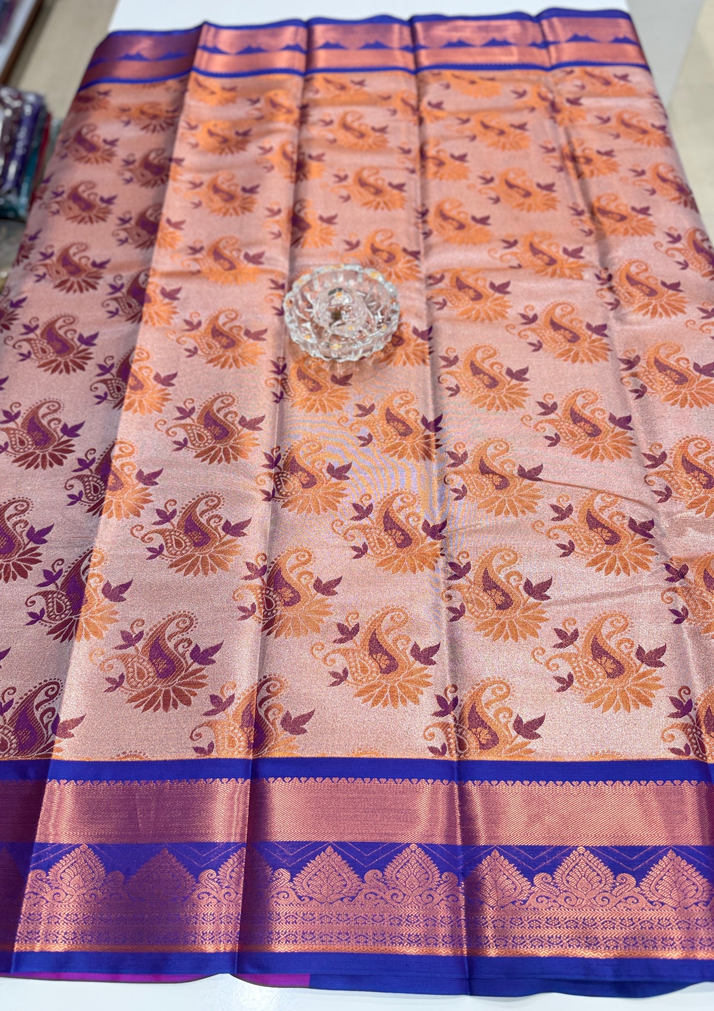 Bridal tissue saree for women with woven zari work and contrast border, kanchipuram style powerloom saree with blouse fabric