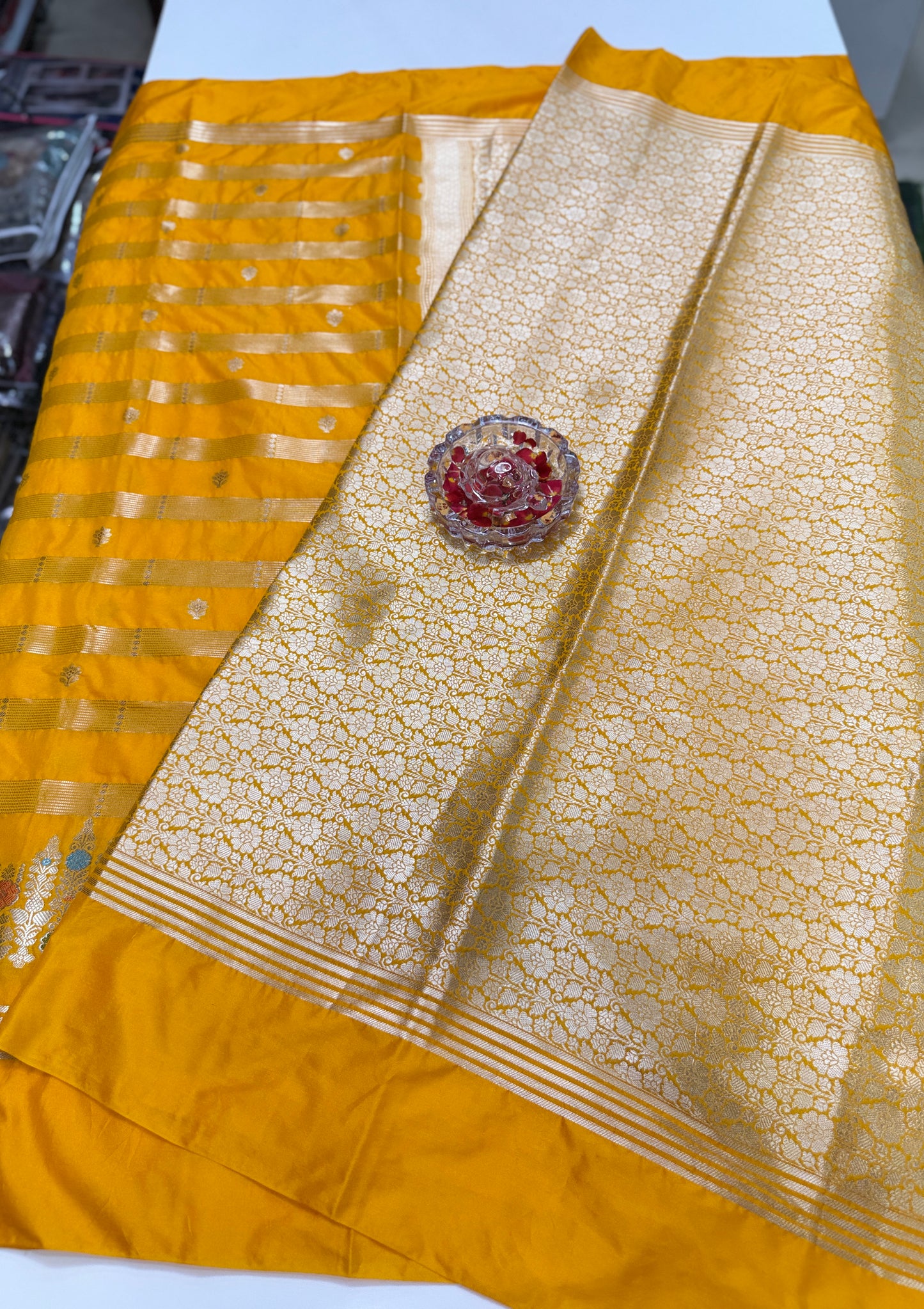Banarasi Semi Katan Silk Saree with Meenakari Satin Border and Gold Zari Weaving – Traditional Festive Saree for Women