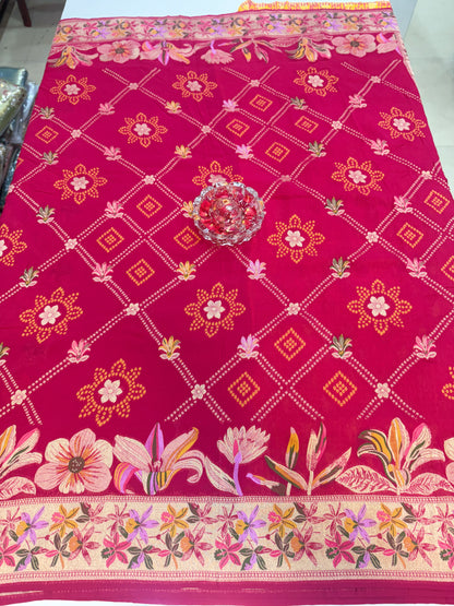 Pure Kaddi Georgette Zari Weaving Saree in Fuchsia Pink with Floral Jaal and Heavy Pallu – Festive and Wedding Wear Saree for Women