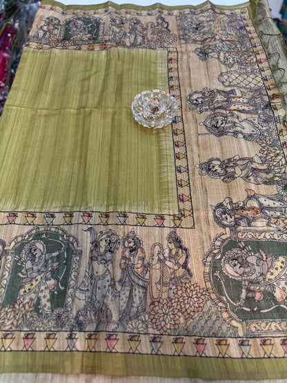 Spider Silk Saree with Folk Art Print Border and Tassel Pallu