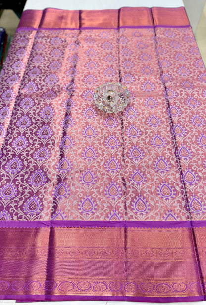 Bridal tissue saree for women with woven zari work and contrast border, kanchipuram style powerloom saree with blouse fabric
