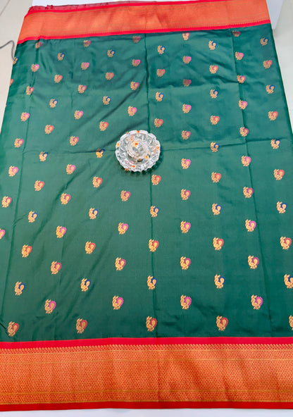 Paithani Soft Silk Saree with Zari Weaving and Contrast Blouse