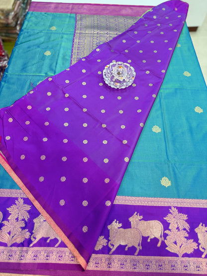 Handloom styled Silk Pichwai Saree with Woven Border and Contrast Blouse