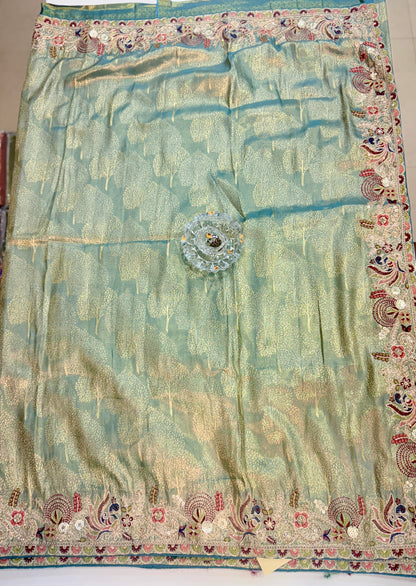 Tissue Silk Saree with Embroidery, Sequin, and Mirror Work Border – Festive Saree for Women