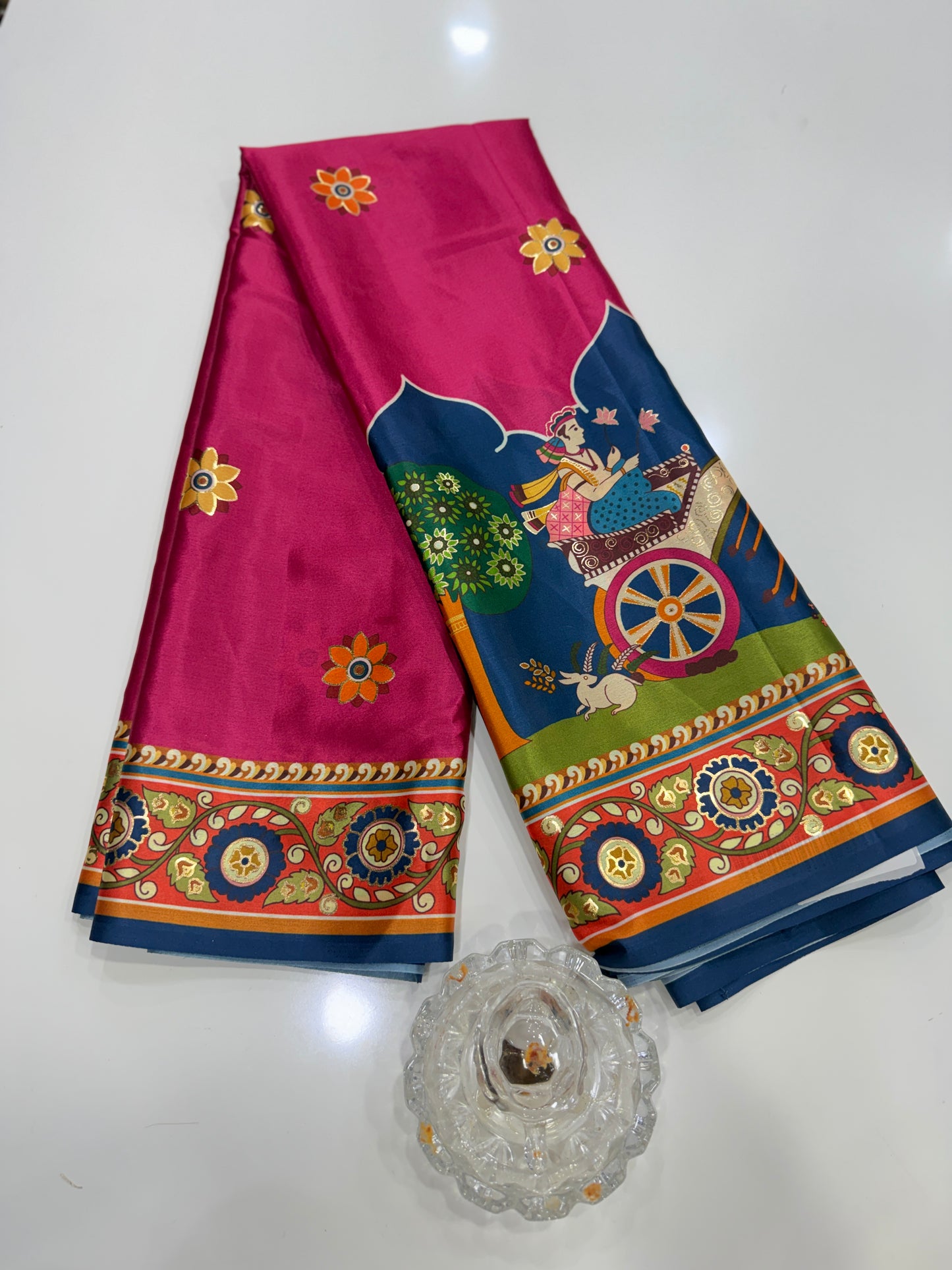 Japan satin saree for women with position print pallu and blouse, soft satin printed saree for festive and casual wear