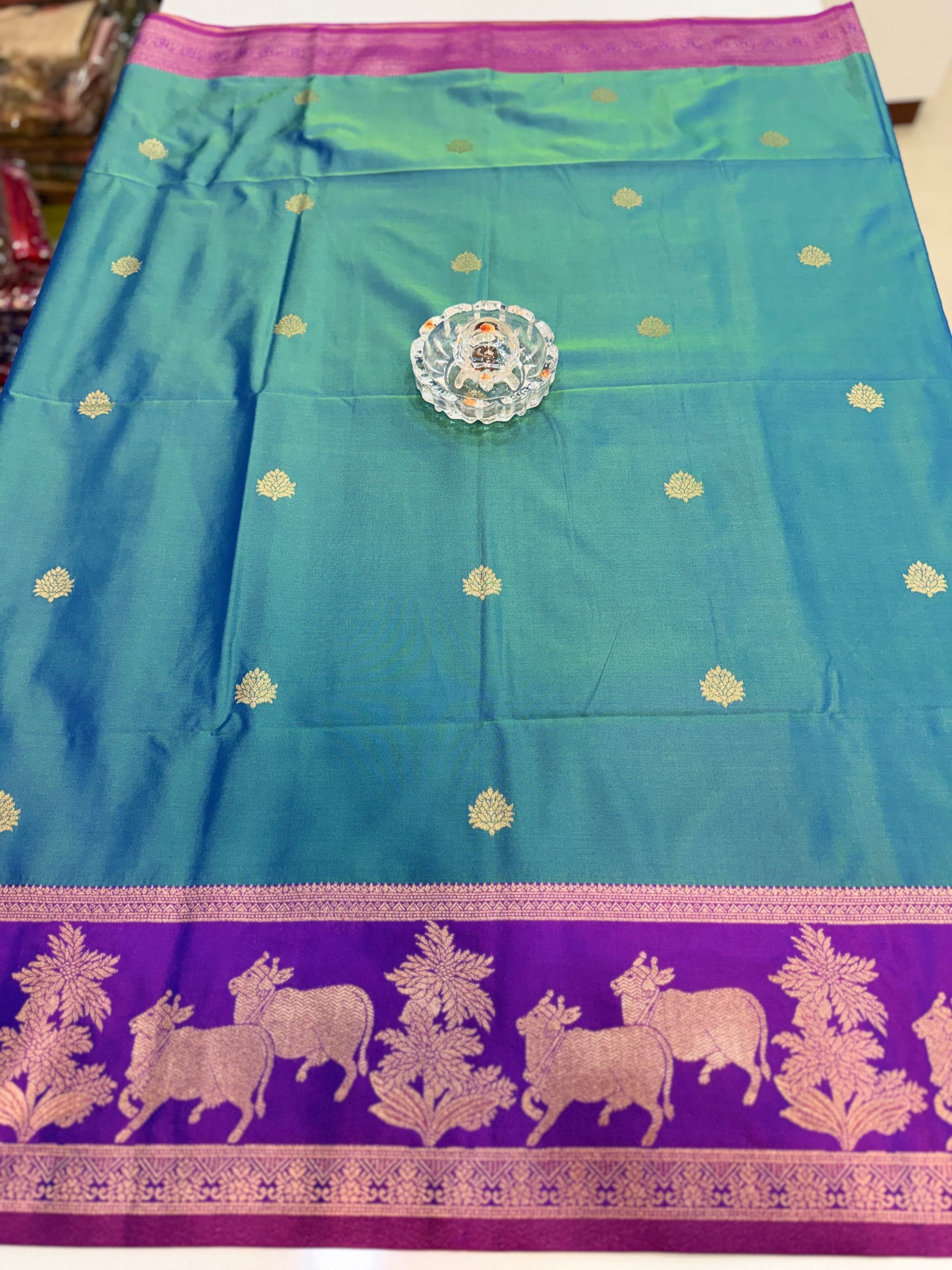 Handloom styled Silk Pichwai Saree with Woven Border and Contrast Blouse