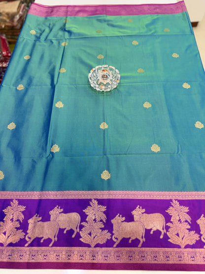 Handloom styled Silk Pichwai Saree with Woven Border and Contrast Blouse