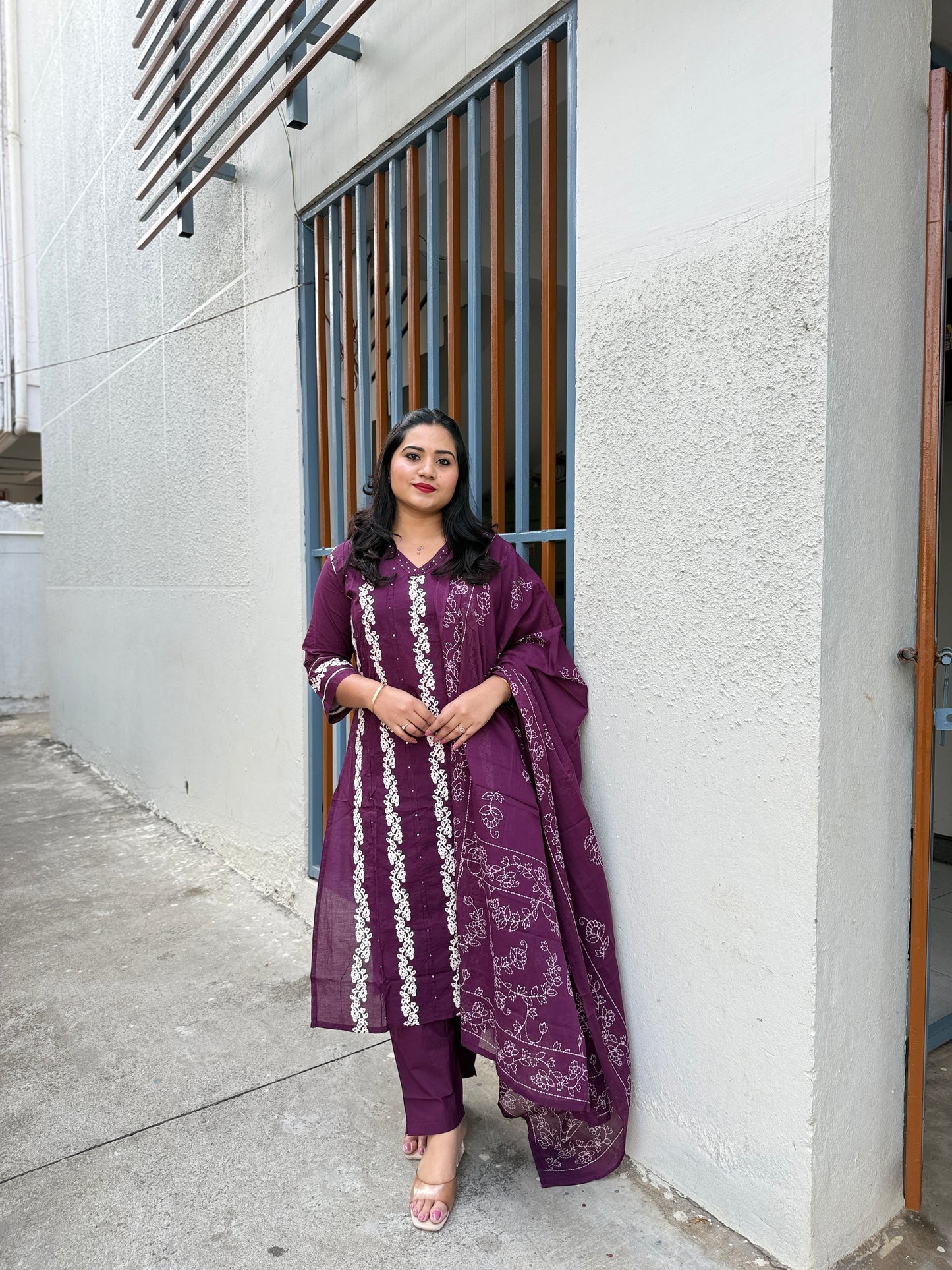 Plum Cotton Embroidered Suit Set with Dupatta – Elegant Ethnic Wear for Women