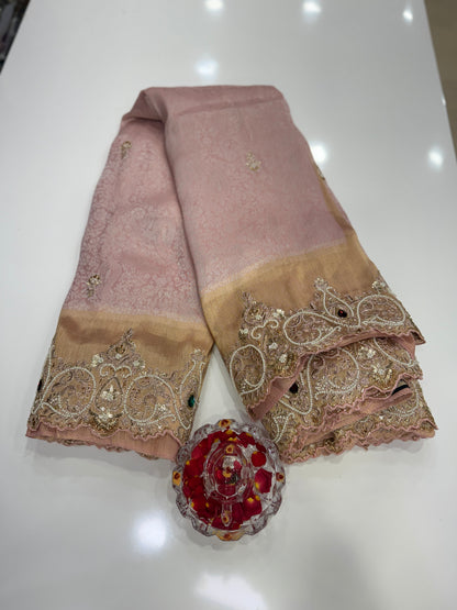 Pink Pure Ziraf Silk Saree with Jari, Moti, Cut Dana & Emerald Heavy Work – Bridal Designer Saree for Women