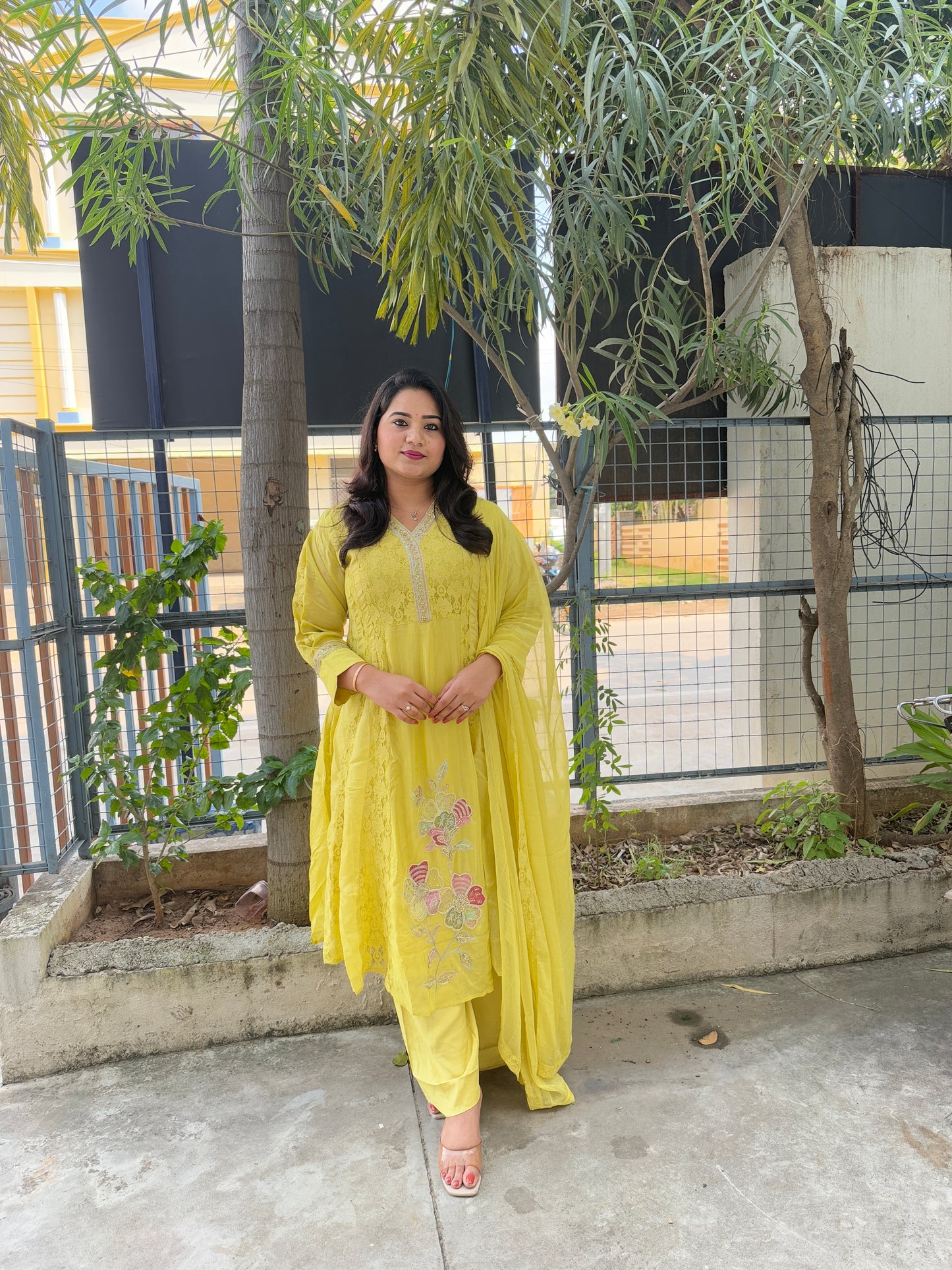 Glass organza and cotton schiffli kurta set with moti, sequence and cutdana work, cotton pant and chiffon dupatta – sizes 38–44