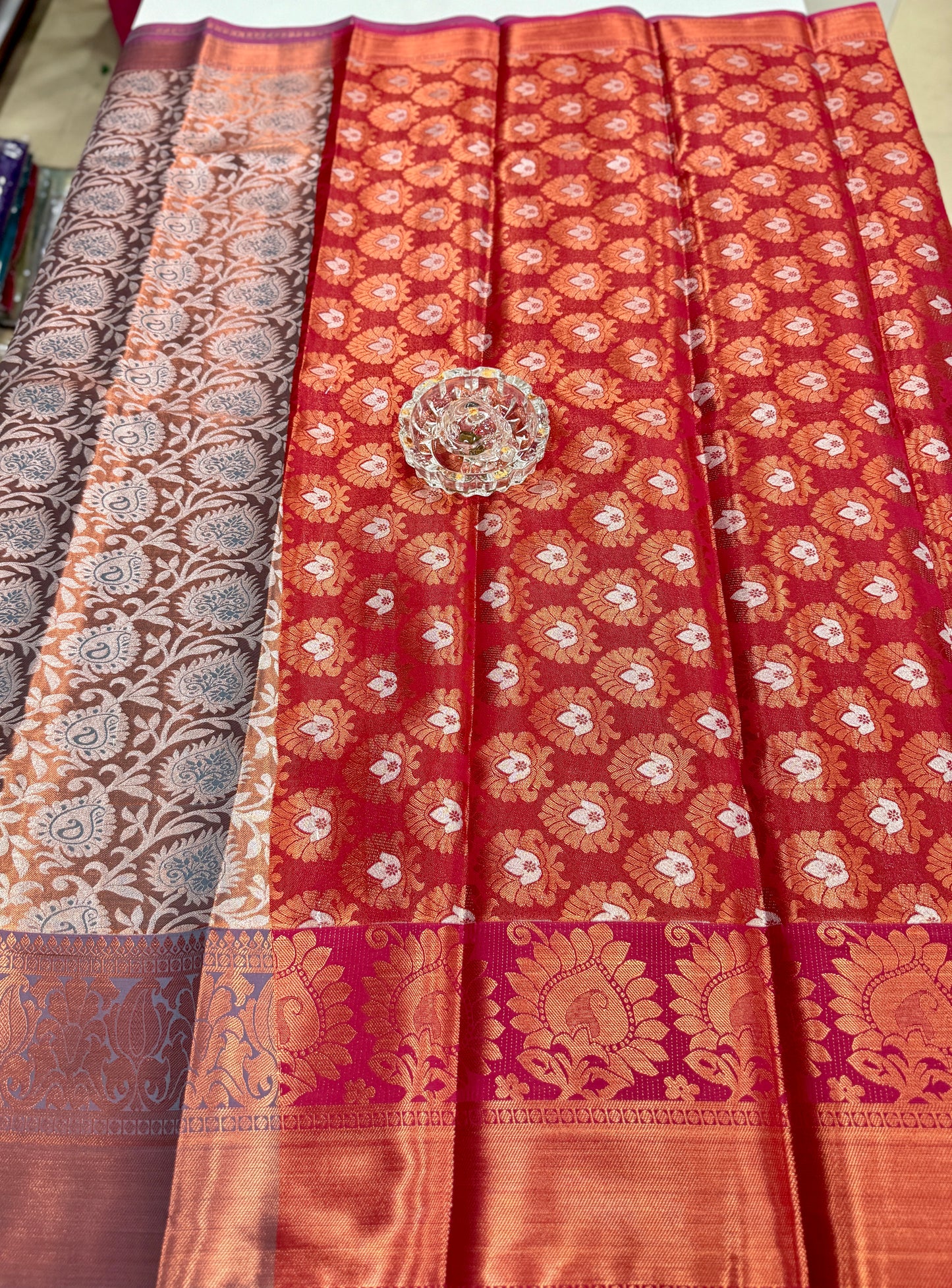 Bridal tissue saree for women with woven zari work and contrast border, kanchipuram style powerloom saree with blouse fabric