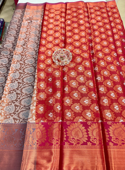 Bridal tissue saree for women with woven zari work and contrast border, kanchipuram style powerloom saree with blouse fabric
