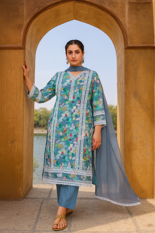 Linen cotton Kurti Pant with Dupatta Set