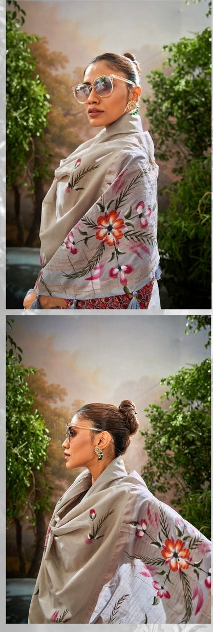 Soft Linen Tissue Saree with Hand Brush Print and Kalamkari Blouse – Festive and Wedding Wear