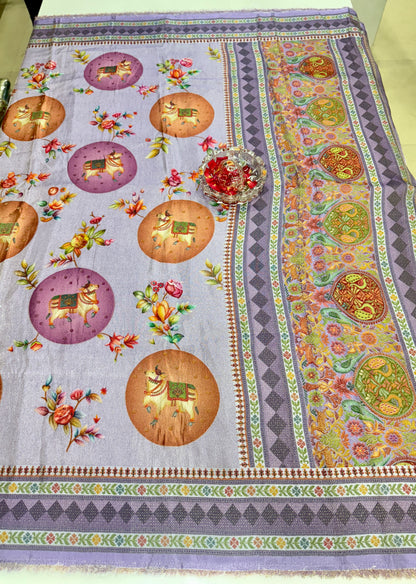 Pure Ziraf Silk Printed Saree with Elephant and Floral Motifs – Lightweight Soft Silk Saree for Women