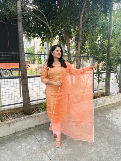 Brocade Banarasi Straight Kurta Pant Set with Organza Dupatta for Women