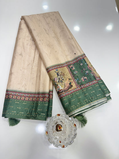 Tussar Fabric Saree with Katha Print Border, Mirror Work and Matching Blouse