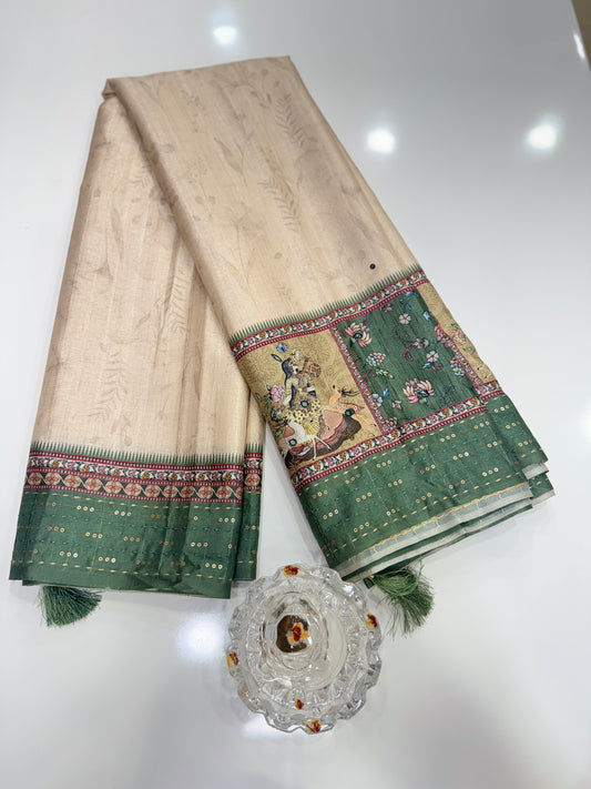 Tussar Fabric Saree with Katha Print Border, Mirror Work and Matching Blouse
