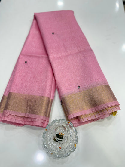 Pure Tissue 150 Count Linen Handloom Saree with Handwork and Running Blouse for Women