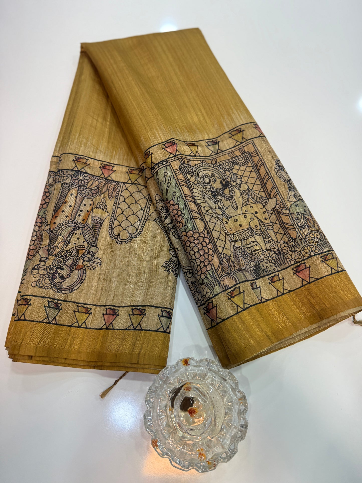 Spider Silk Saree with Folk Art Print Border and Tassel Pallu