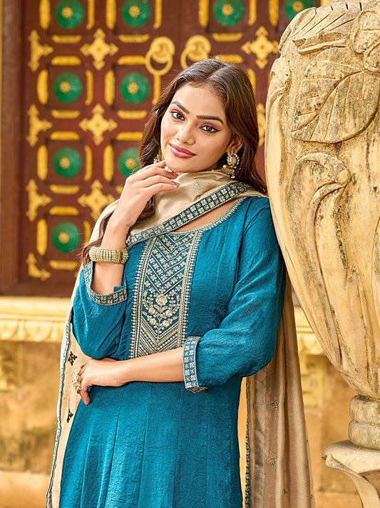 Flared 3-Piece Suit Set for Women in Fancy Fabric with Embroidered Dupatta – XL and XXL Sizes