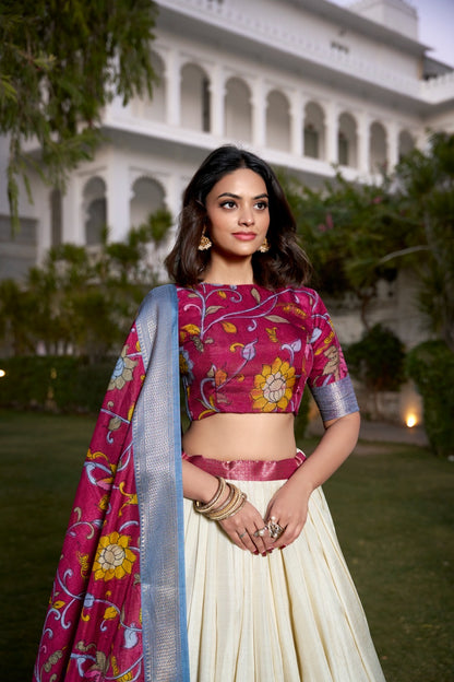 Printed Kalamkari Lehenga With Zari Weaving Border