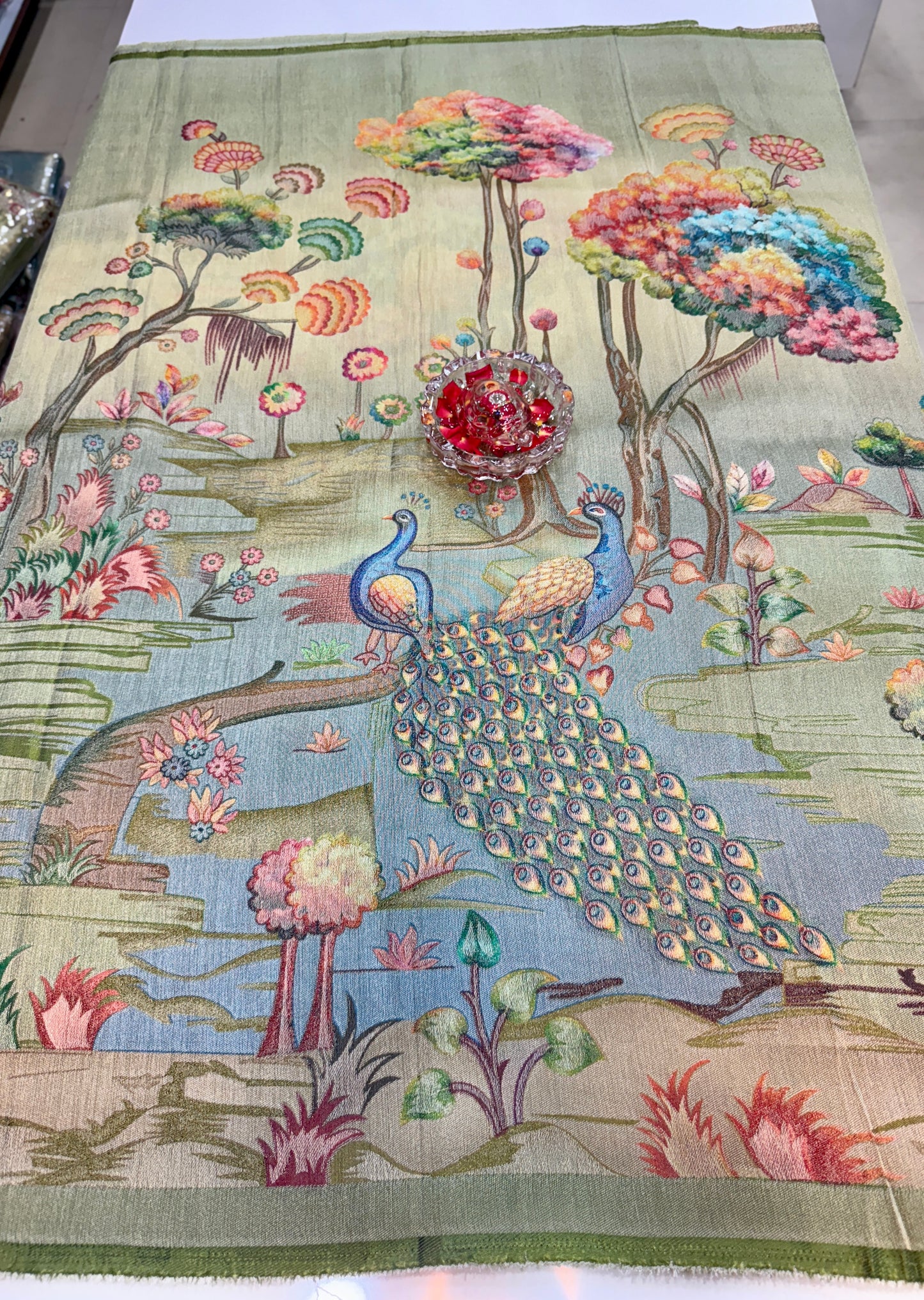 Pure Ziraf Silk Peacock Print Saree with Colorful Nature Motifs and Geometric Border – Soft Silk Printed Saree for Women