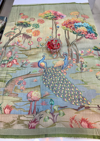 Pure Ziraf Silk Peacock Print Saree with Colorful Nature Motifs and Geometric Border – Soft Silk Printed Saree for Women