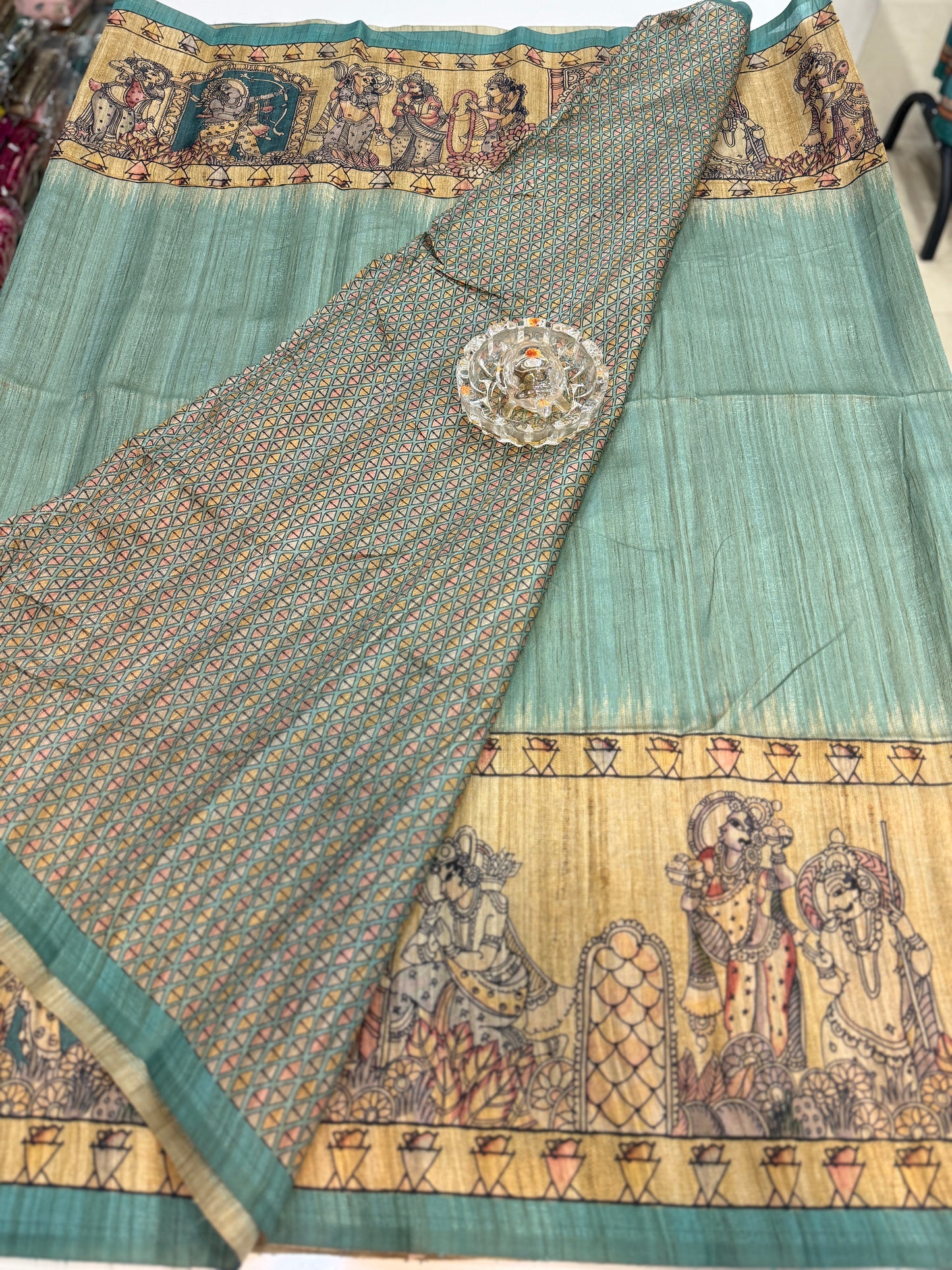 Spider Silk Saree with Folk Art Print Border and Tassel Pallu