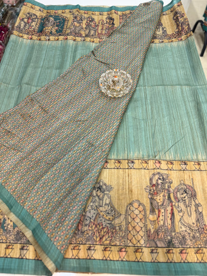 Spider Silk Saree with Folk Art Print Border and Tassel Pallu