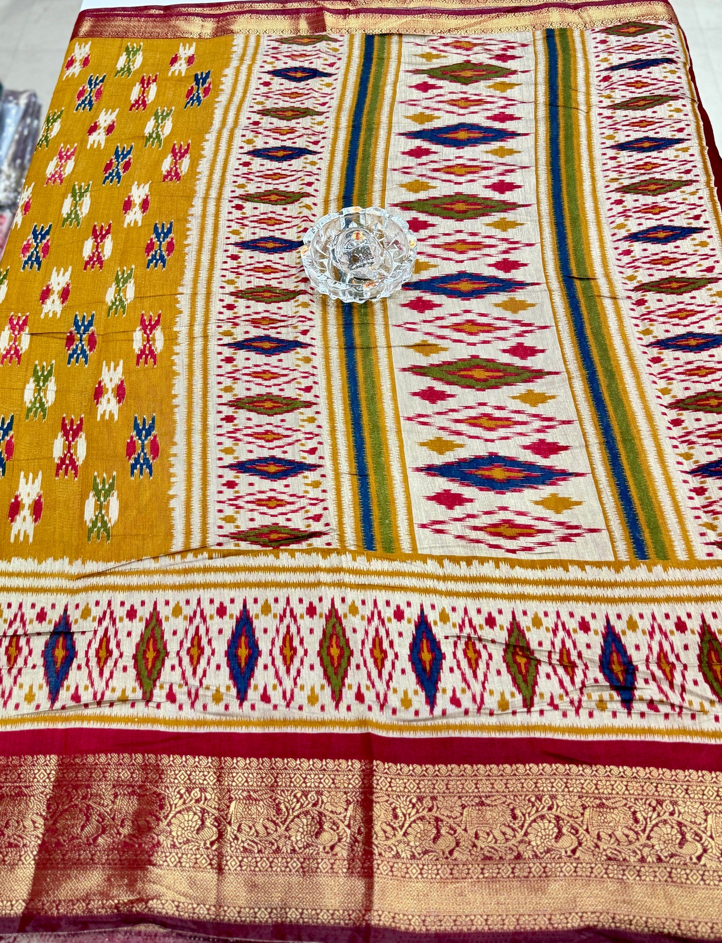 Semi Maheshwari Silk Saree with Zari Border & Ikat Style Weaving for Women