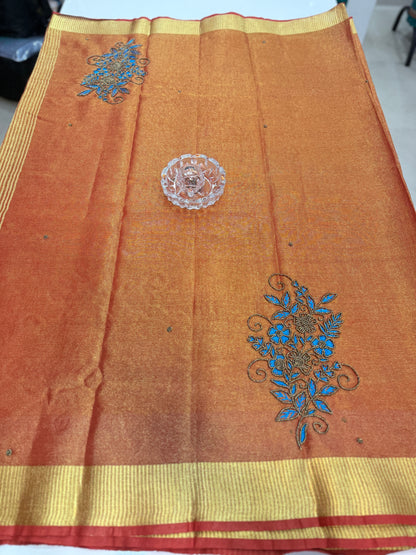 Pure Tissue 150 Count Linen Handloom Saree with Handwork and Running Blouse for Women