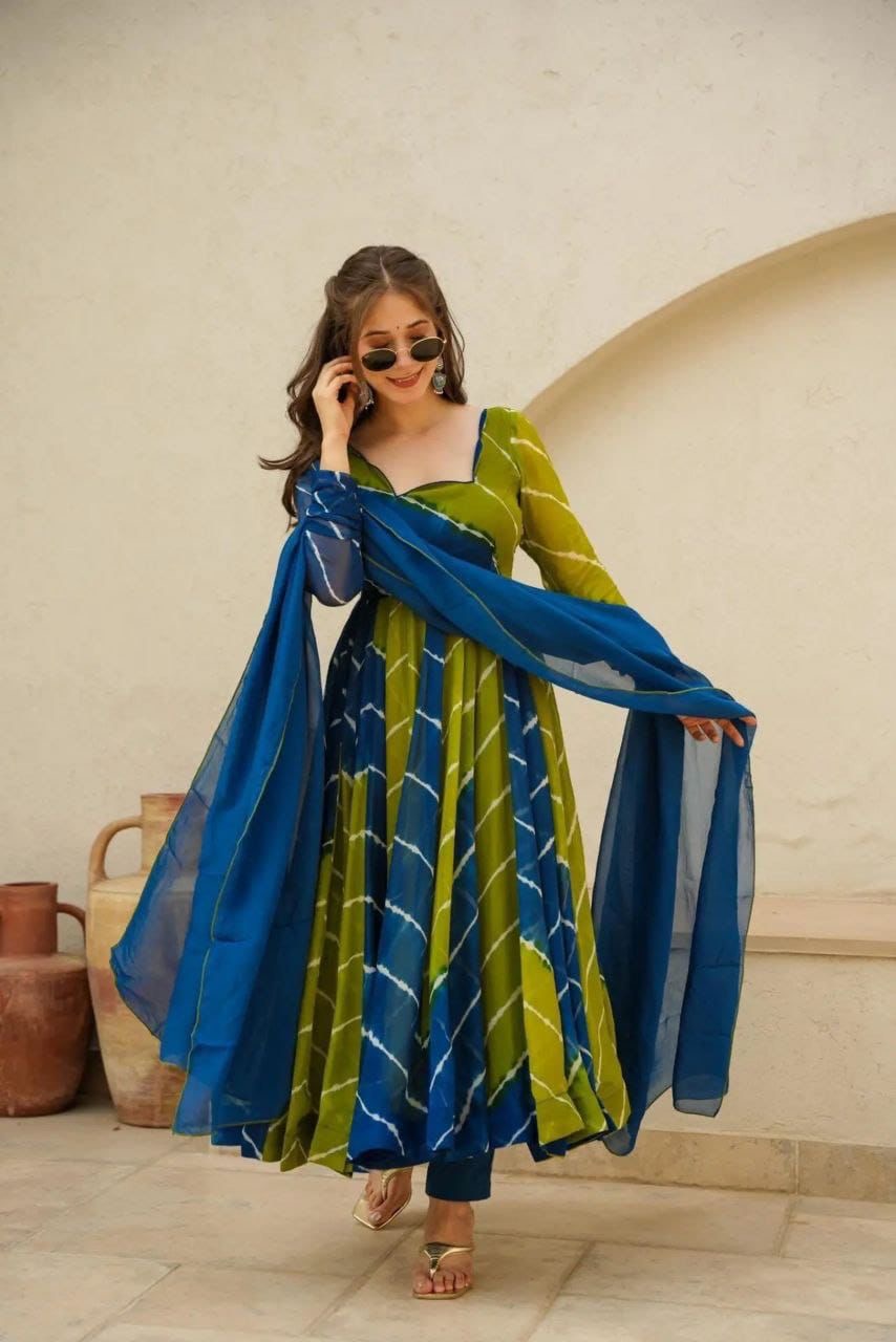 Vrinda Leheriya Georgette Suit Set for Women with Anarkali Dupatta – Blue & Green | Yellow & Dark Grey