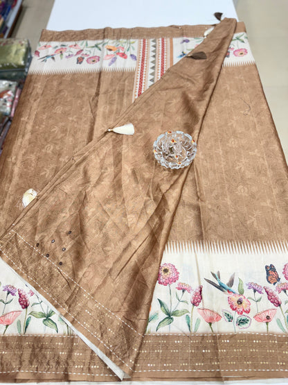 Tussar Fabric Saree with Katha Print Border, Mirror Work and Matching Blouse