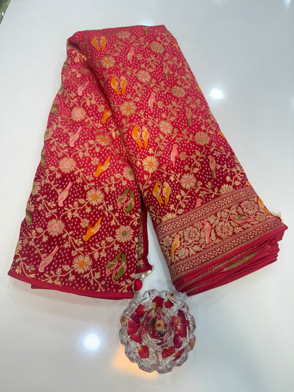 Pure Kaddi Georgette Zari Weaving Saree in Tomato Red with Buti and Cross-Zari Pattern – Traditional Banarasi-Inspired Festive Saree for Women