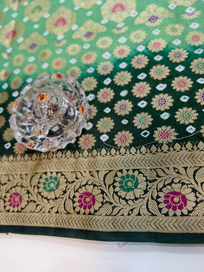 Banarasi dupiyan bandhani saree with semi-weaving neemjari work and hand chunri craftsmanship
