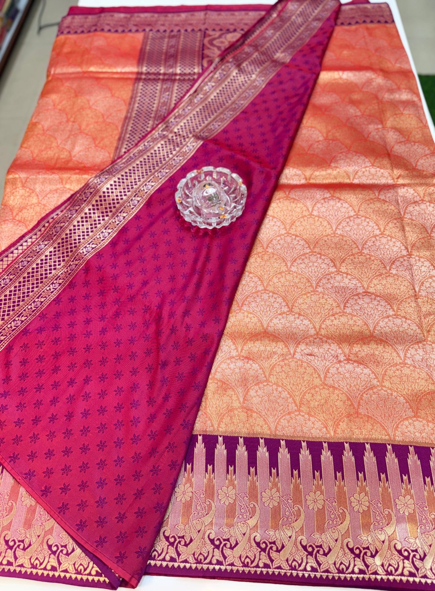 Kanjivaram Soft Silk Saree with Meenakari Weaving, Broad Pattu and Potli Tassels – Wedding Silk Saree for Women