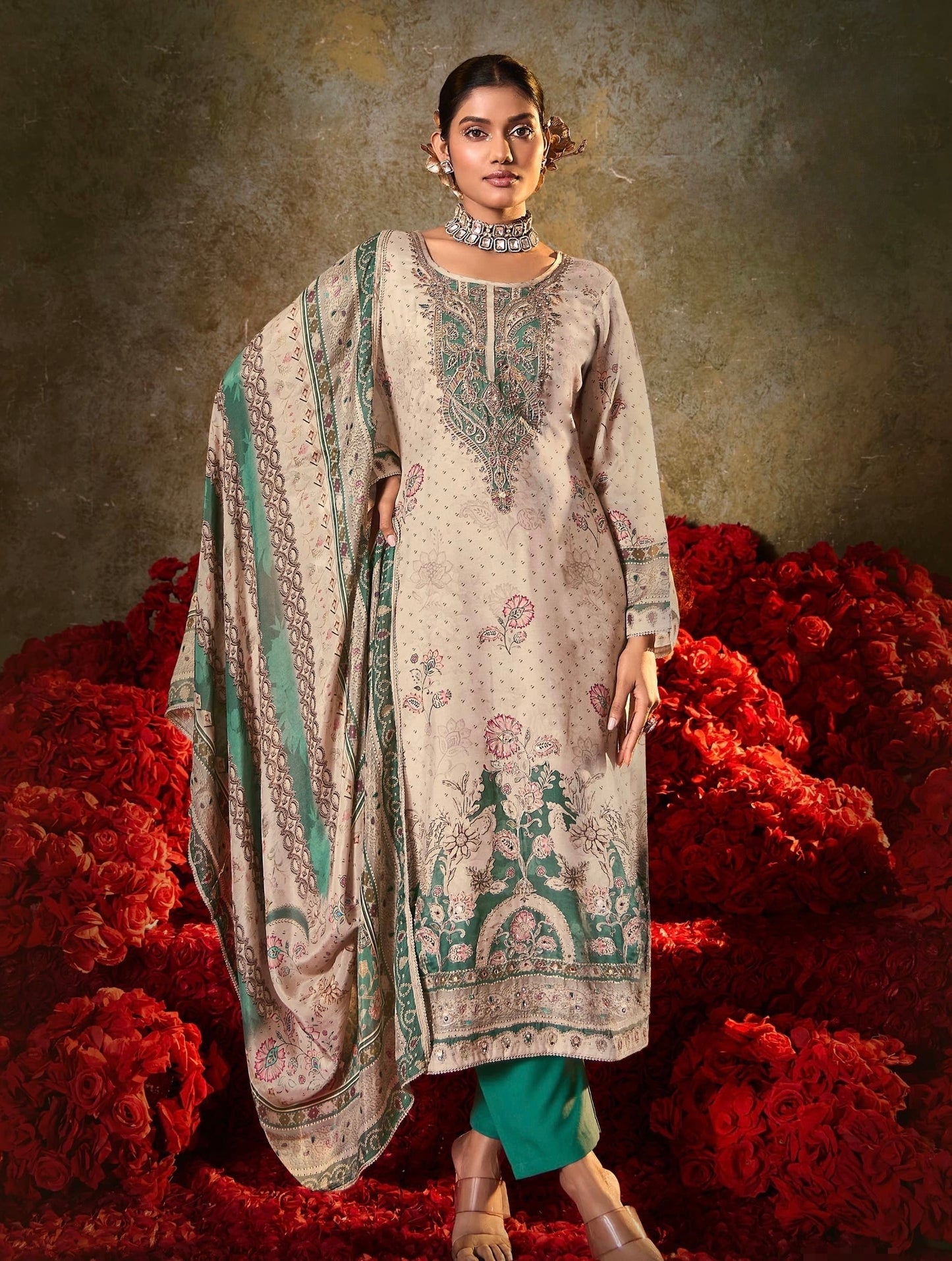 Muslin Digital Print Kurta Pant Dupatta Set with Aari Work and Swarovski Detailing – L to 3XL