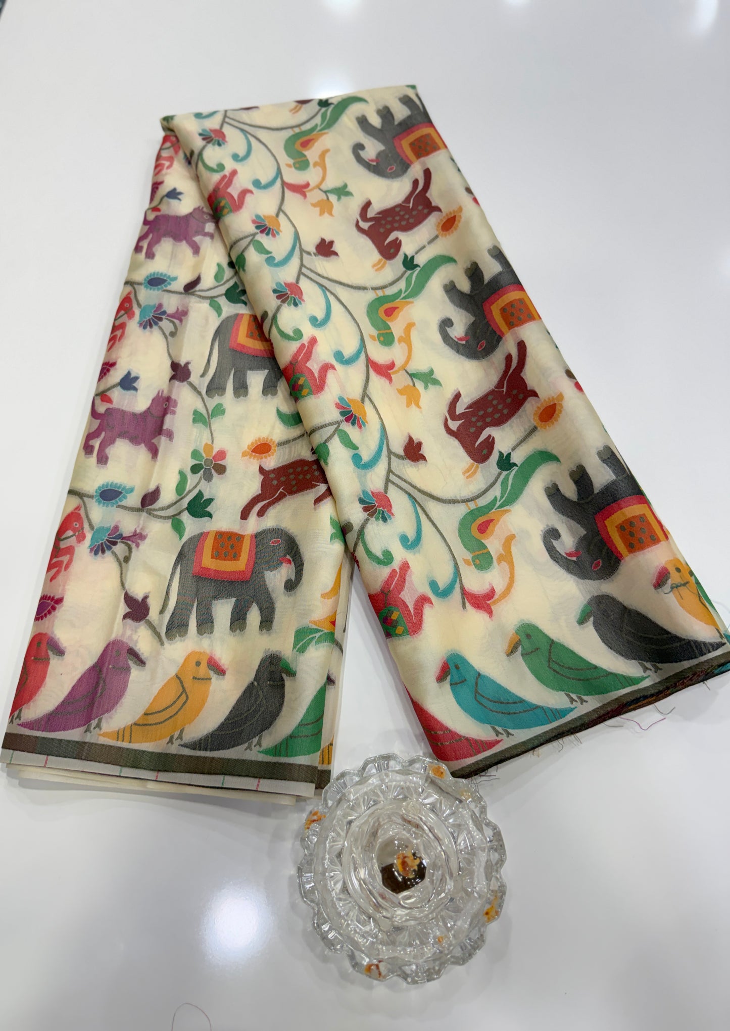 Soft silk printed saree with multicolour ethnic motifs and contrast blouse piece