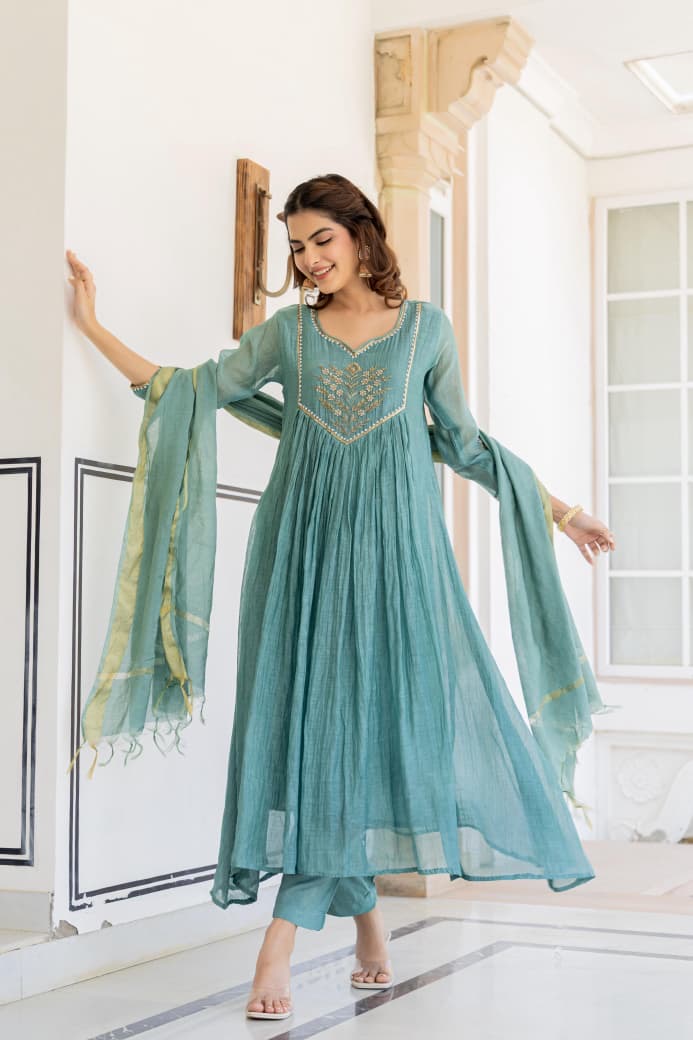 Pure Mul Chanderi Kurta Pant Dupatta Set with Hand Embroidery – Elegant Festive Wear for Women