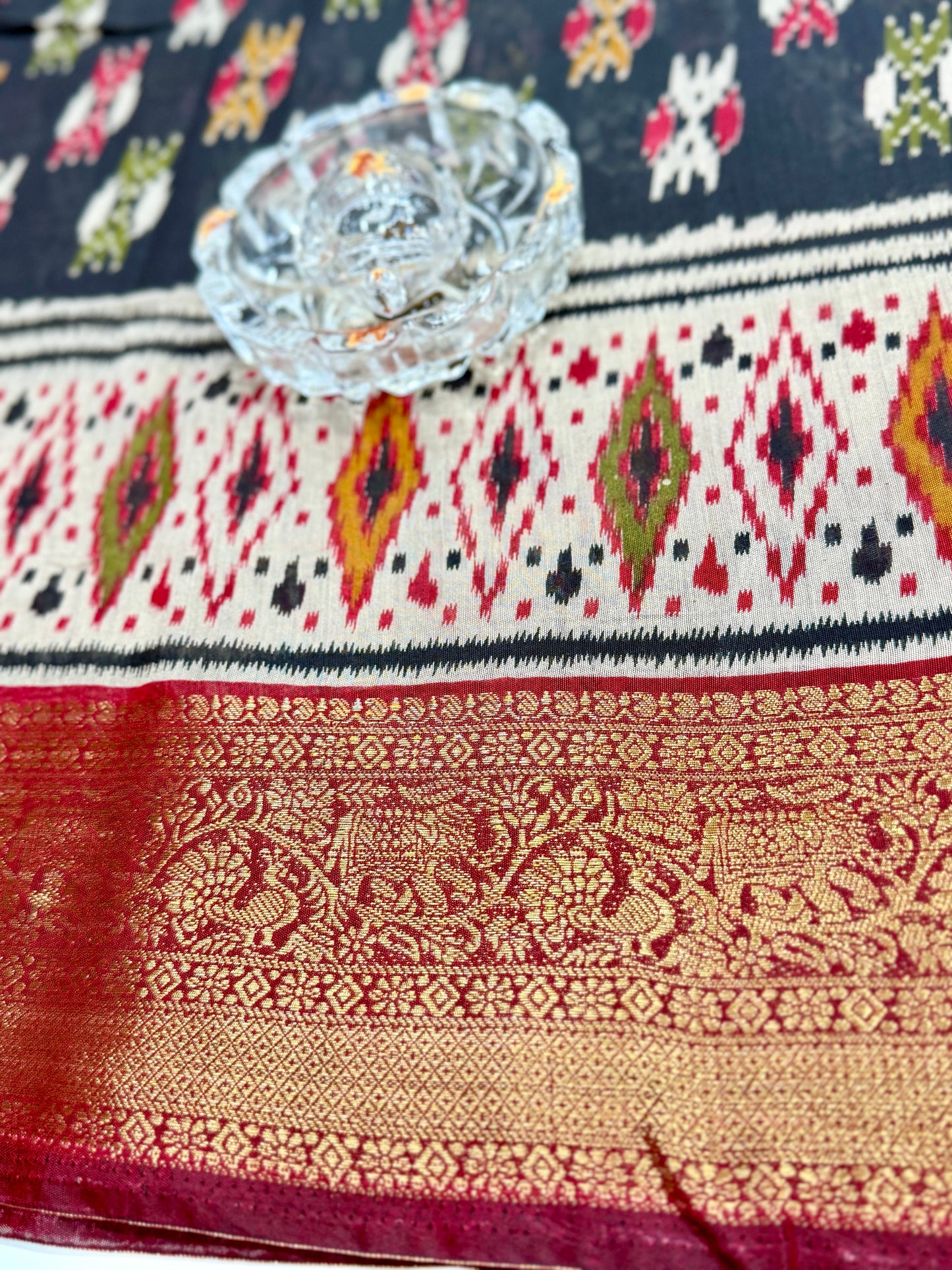 Semi Maheshwari Silk Saree with Zari Border & Ikat Style Weaving for Women