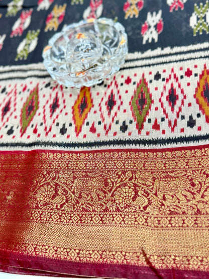 Semi Maheshwari Silk Saree with Zari Border & Ikat Style Weaving for Women