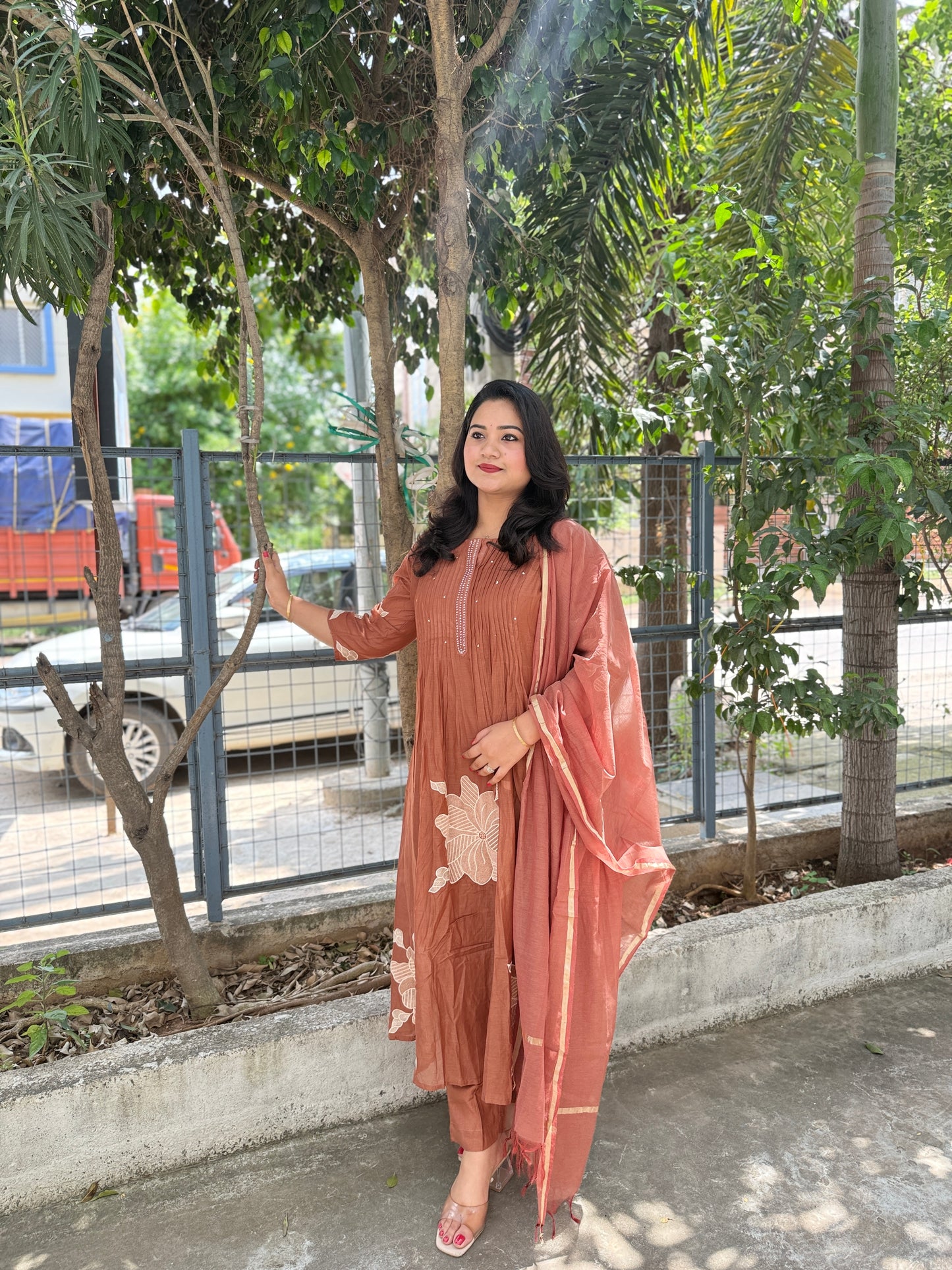 Mul Chanderi Kurta Set with Pintuck and Floral Embroidery, Shantoon Pant and Chanderi Dupatta
