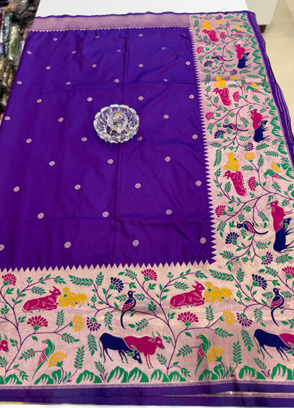 Paithani printed soft silk saree with zari-style border and contrast blouse for women