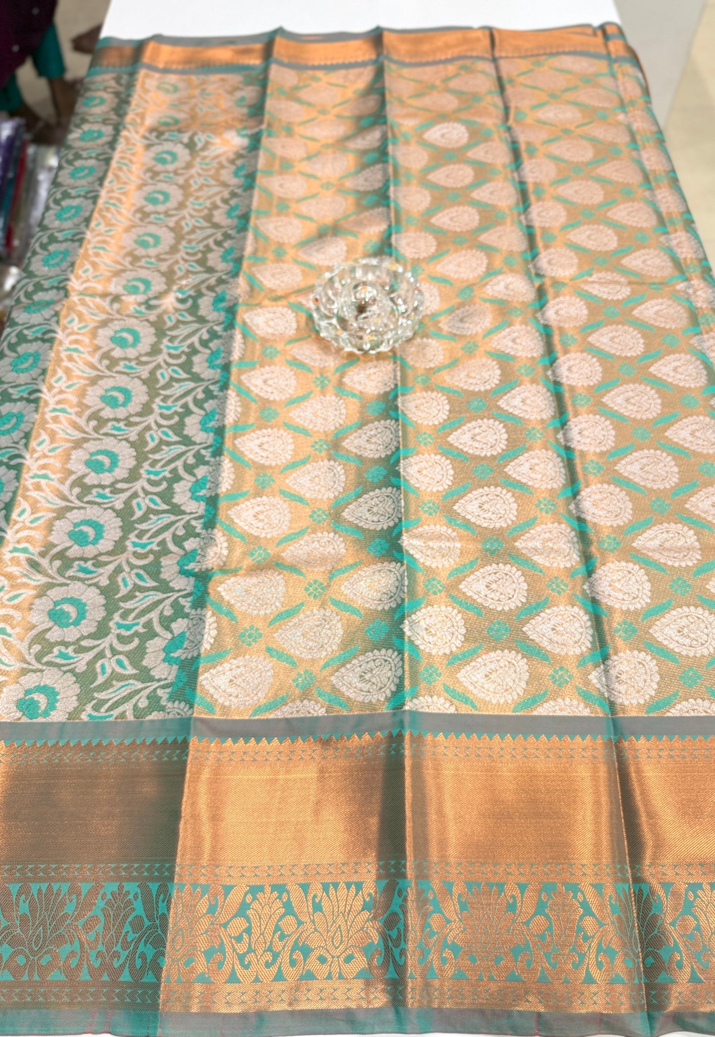 Bridal tissue saree for women with woven zari work and contrast border, kanchipuram style powerloom saree with blouse fabric