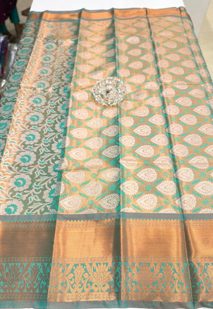 Bridal tissue saree for women with woven zari work and contrast border, kanchipuram style powerloom saree with blouse fabric