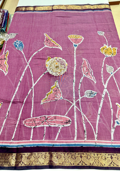 Chennuri silk style printed saree with traditional artwork border and unstitched blouse fabric for women